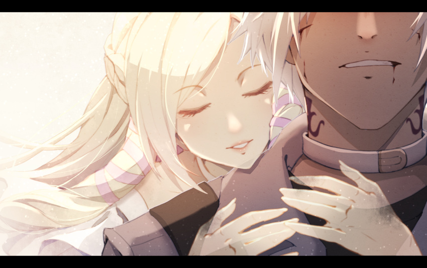 1boy 1girl backlighting blonde_hair blood blood_from_mouth blood_on_face braid choker closed_eyes english_commentary eyebrows_visible_through_hair final_fantasy final_fantasy_xiv head_on_another's_shoulder highres hug hug_from_behind hyur letterboxed long_hair lyra-kotto minfilia_warde neck_tattoo parted_lips see-through short_hair simple_background smile spoilers tattoo thancred_waters white_background white_hair