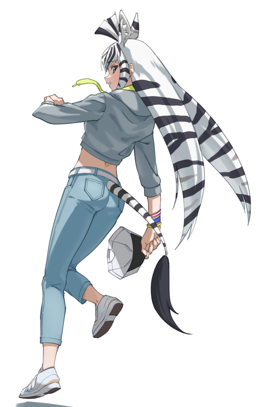 1girl absurdres animal_ear_fluff animal_ears belt black_hair blue_pants brown_eyes chapman's_zebra_(kemono_friends) commentary extra_ears from_behind full_body grey_shirt highres kemono_friends long_hair long_sleeves looking_at_viewer looking_back multicolored_hair pants shirt shoes simple_background solo tail tail_through_clothes tanabe_(fueisei) two-tone_hair very_long_hair white_background white_hair wristband zebra_ears zebra_girl zebra_tail