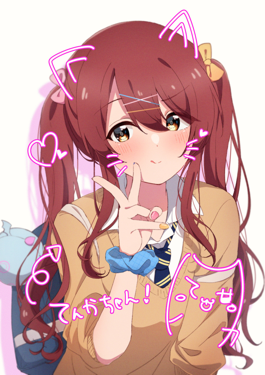 absurdres arrow_(symbol) bag bangs blush bow breasts brown_hair cardigan carrying_bag collared_shirt commentary_request debi_tarou drawn_ears drawn_whiskers eyebrows_visible_through_hair gyaru hair_between_eyes hair_bow hair_ornament hairclip heart highres idolmaster idolmaster_shiny_colors kogal licking_lips long_hair looking_at_viewer loose_necktie lying medium_breasts multicolored_nails nail_polish necktie on_back osaki_tenka over_shoulder reikakrzk school_bag scrunchie shirt smile strap_slip tongue tongue_out translated twintails v white_shirt wrist_scrunchie yellow_cardigan yellow_eyes