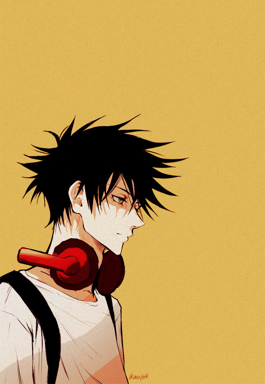 1boy absurdres backpack bag bangs black_hair closed_mouth commentary english_commentary eyelashes fushiguro_megumi hair_between_eyes headphones headphones_around_neck highres jujutsu_kaisen looking_to_the_side male_focus nose profile saucybrtt shirt short_hair short_sleeves simple_background solo spiky_hair upper_body white_shirt yellow_background