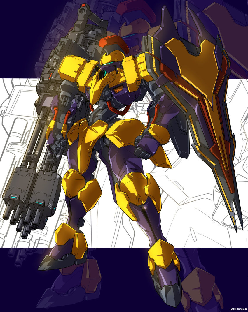 absurdres arm_cannon artist_name cable commission english_commentary gao_ex_kaiser highres looking_ahead mecha no_humans original shield solo visor weapon
