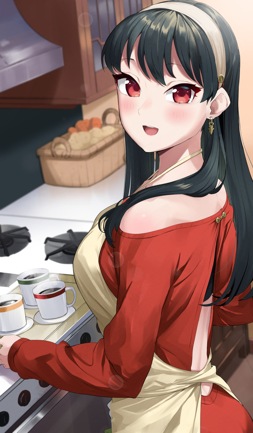 1girl :d absurdres apron back_cutout bangs black_hair blush breasts clothing_cutout coffee cup from_side hair_down hairband highres holding holding_tray kitchen large_breasts lens_flare long_hair looking_at_viewer mug off-shoulder_sweater off_shoulder open_mouth red_eyes red_sweater smile solo spy_x_family steam stove straight_hair sweater teeth totoki86 tray upper_body upper_teeth white_hairband yor_briar