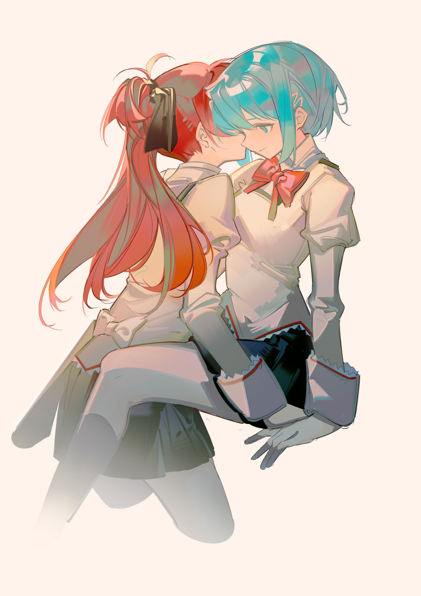 2girls absurdres between_legs black_skirt blue_eyes blue_hair bow bowtie chinese_commentary commentary_request covered_eyes cropped_legs from_side grey_background hair_bow hand_on_another's_hand high_ponytail highres long_hair mahou_shoujo_madoka_magica miki_sayaka multiple_girls red_bow red_bowtie redhead rin_lingsong sakura_kyouko school_uniform short_hair simple_background skirt smile yuri