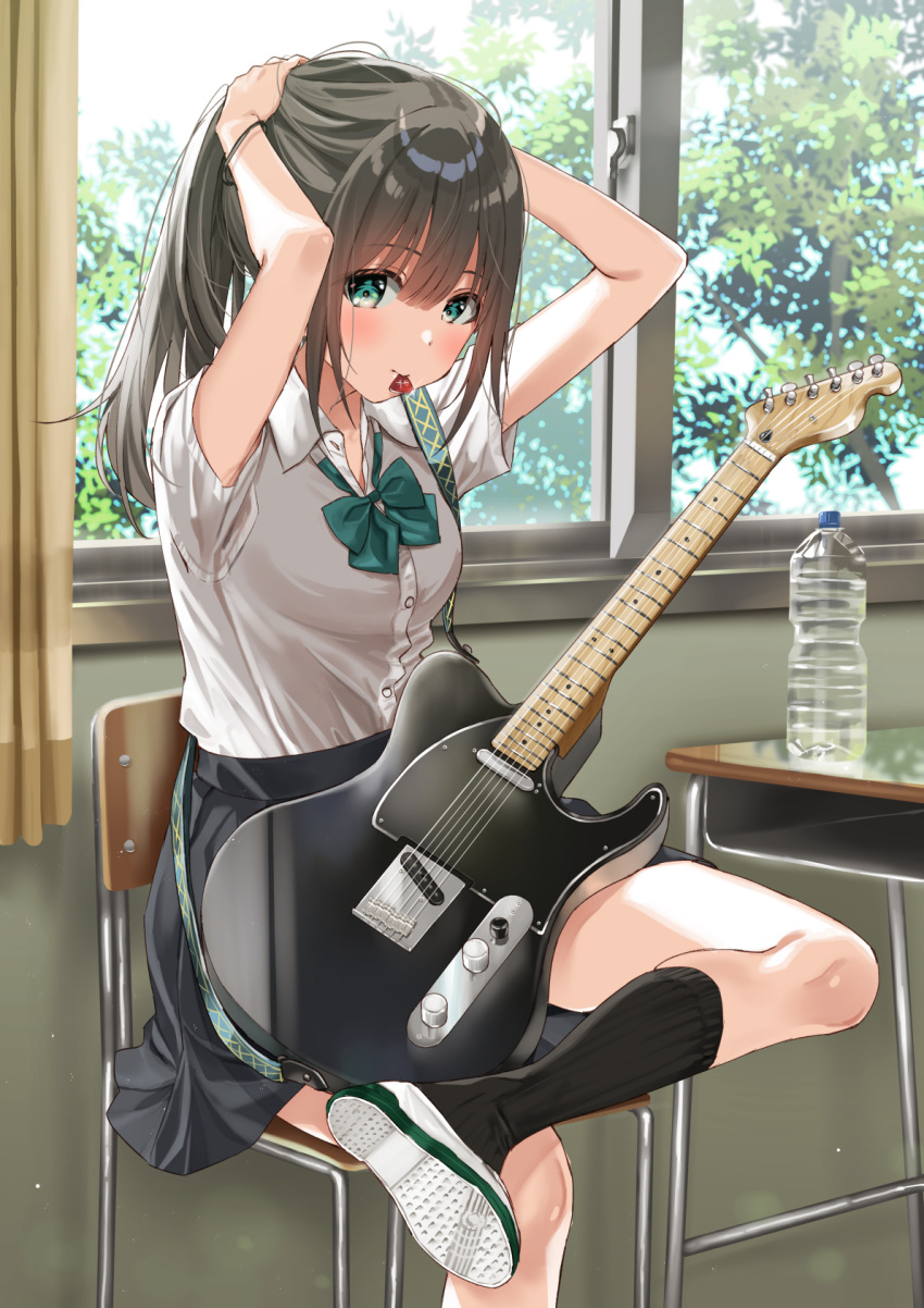 1girl arms_up bangs black_hair black_legwear black_skirt blush bottle bow bowtie breasts chair classroom collared_shirt eyebrows_visible_through_hair green_eyes guitar hand_in_own_hair highres indoors instrument kneehighs kukiha looking_at_viewer medium_breasts mouth_hold original plectrum plectrum_in_mouth school_uniform shirt shirt_tucked_in shoes short_sleeves sidelocks sitting skirt solo table thighs uniform water_bottle white_shirt wristband