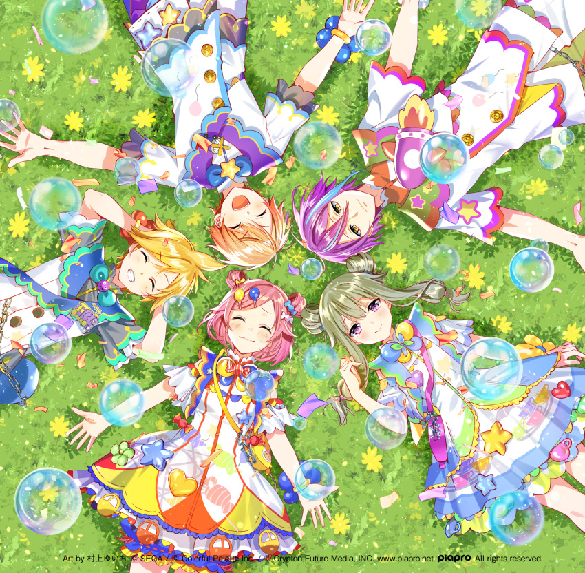 2girls 3boys ^_^ arms_at_sides arms_behind_head bag balloon_print bead_bracelet beads blonde_hair bloomers blouse bracelet bubble candy_hair_ornament candy_print circle_formation closed_eyes confetti crypton_future_media dot_nose dress earrings eyebrows_visible_through_hair feet_out_of_frame field flower flower_field food-themed_hair_ornament from_above grass grin hair_ornament hair_rings hairclip happy highres jewelry kagamine_len kamishiro_rui kusanagi_nene light_blue_hair light_blush light_brown_hair light_particles low_twintails lying multicolored_hair multiple_boys multiple_girls murakami_yuichi on_back on_grass on_ground ootori_emu piapro pink_hair project_sekai purple_hair sega shiny shiny_hair shirt short_hair smile star_(symbol) star_print streaked_hair stud_earrings tenma_tsukasa twintails two_side_up underwear violet_eyes vocaloid yellow_eyes yellow_flower
