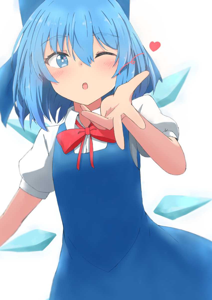 1girl ;o absurdres bangs blowing_kiss blue_dress blue_eyes blue_hair blush bow cirno dress eyebrows_visible_through_hair hair_bow heart highres ice ice_wings looking_at_viewer mizune_(winter) one_eye_closed open_mouth puffy_short_sleeves puffy_sleeves red_ribbon ribbon shirt short_hair short_sleeves solo touhou white_shirt wings
