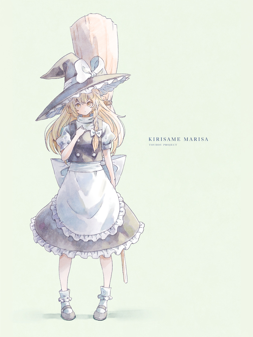 1girl apron blonde_hair blush bow braid character_name full_body hat highres kirisame_marisa long_hair looking_at_viewer puffy_short_sleeves puffy_sleeves satyuas shirt shoes short_sleeves skirt socks solo standing touhou vest waist_apron white_bow witch_hat yellow_eyes