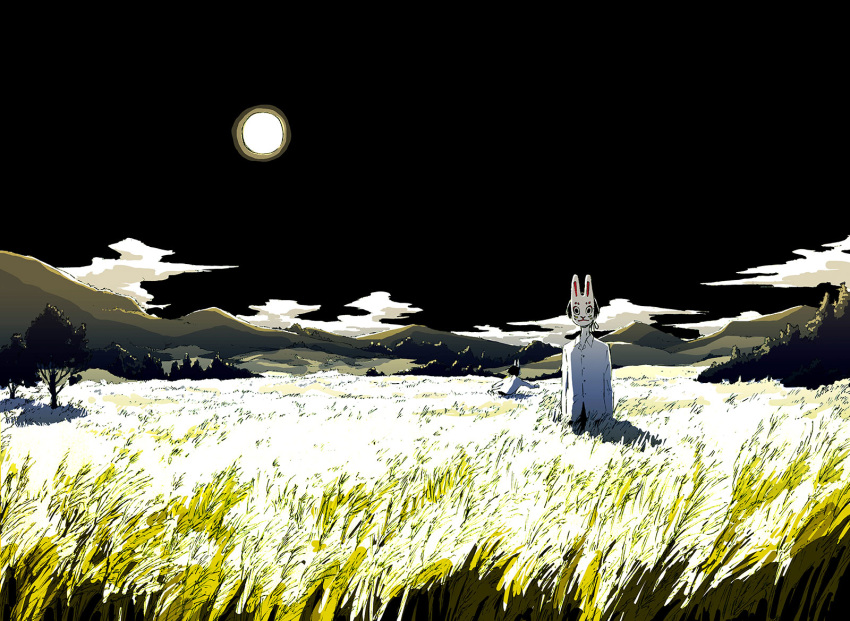 1boy 1other androgynous arms_at_sides autumn black_hair bunny_mask clouds collared_shirt dress_shirt facing_away facing_viewer field full_moon highres long_sleeves mask moon mountainous_horizon nature night night_sky original outdoors outstretched_arms running scenery shadow shirt short_hair sky standing tree untucked_shirt white_shirt yuroy_kawano