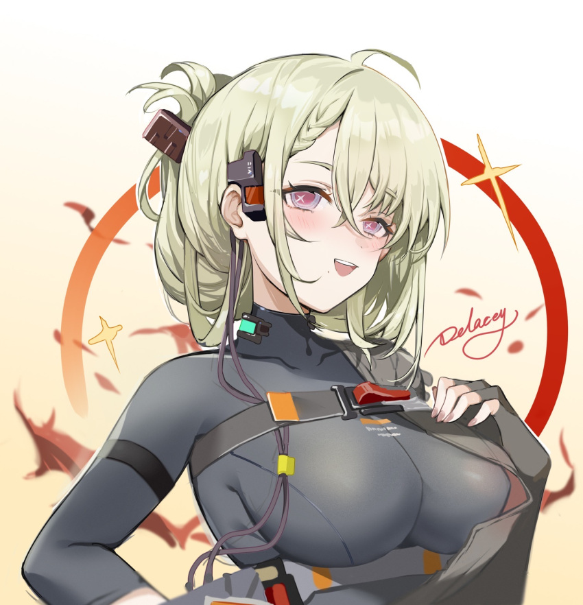 1girl bangs blush bodysuit braid breasts character_name collarbone de_lacey_(girls'_frontline_nc) eyebrows_visible_through_hair girls'_frontline_neural_cloud girls_frontline green_hair grey_bodysuit hair_ornament hand_on_own_chest harness highres jiggy_blunt large_breasts looking_at_viewer medium_hair multicolored_eyes nail_polish open_mouth smile solo star-shaped_pupils star_(symbol) symbol-shaped_pupils teeth upper_body upper_teeth