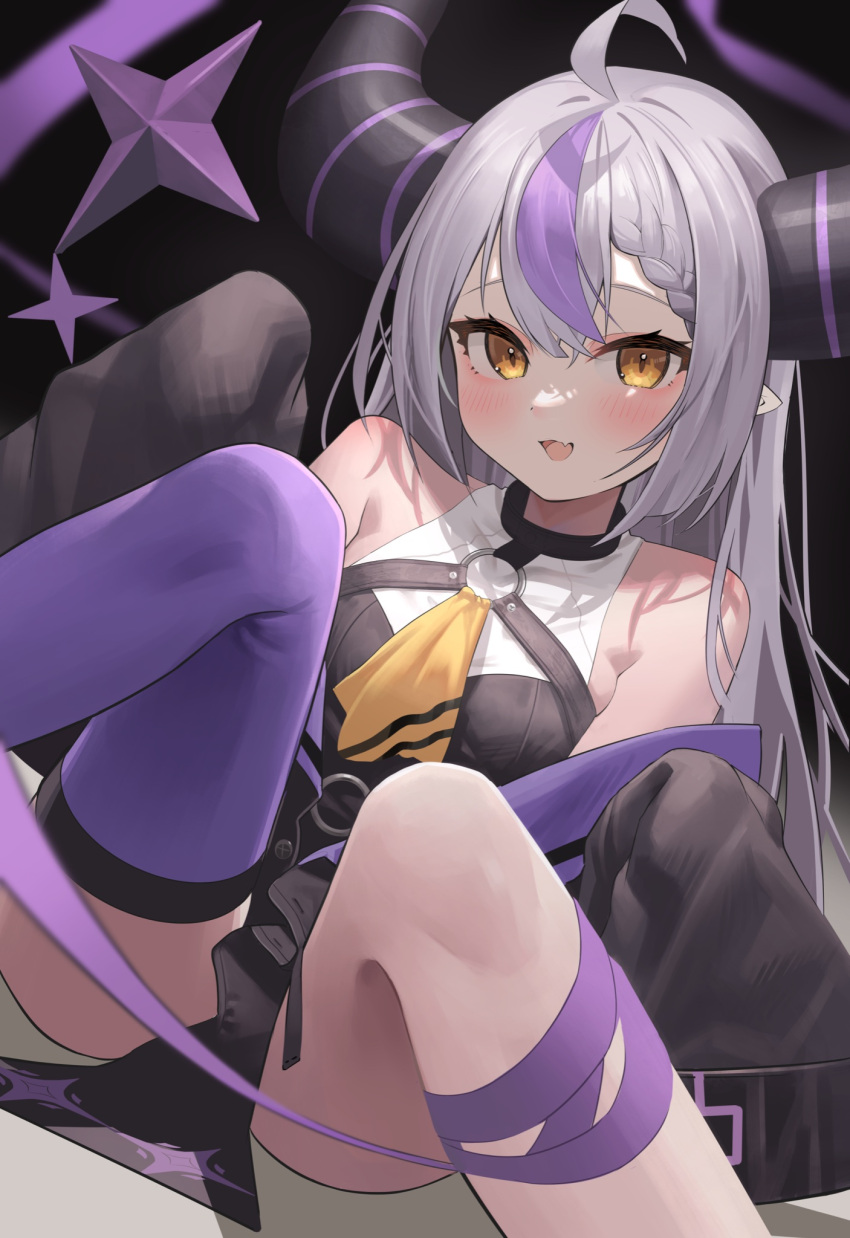 1girl ahoge ascot bangs blush breasts collar demon_girl demon_horns dodota fang highres hololive horns la+_darknesss long_hair looking_at_viewer metal_collar multicolored_hair purple_legwear single_thighhigh skin_fang sleeves_past_fingers sleeves_past_wrists small_breasts smile solo streaked_hair striped_horns thigh-highs virtual_youtuber yellow_ascot