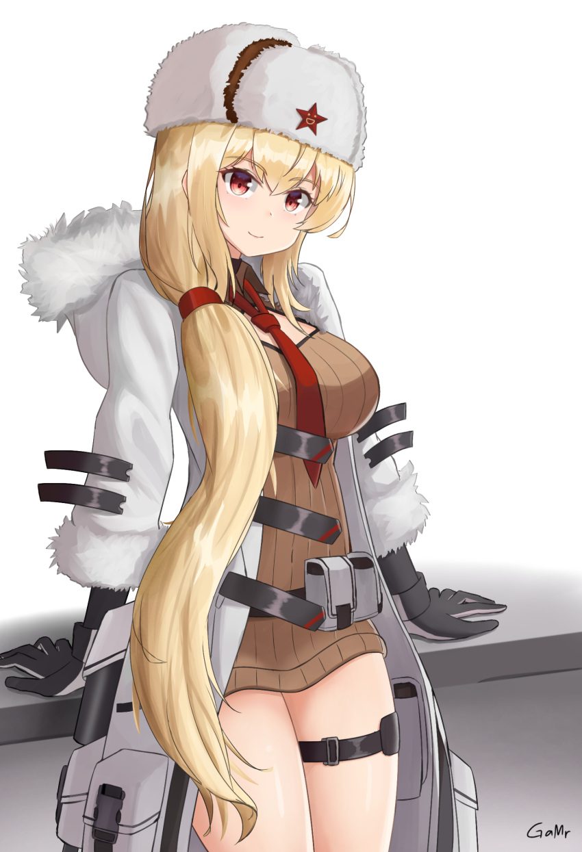 1girl arms_behind_back artist_name bangs belt_bag black_gloves blonde_hair blush breasts brown_sweater closed_mouth coat cosplay english_commentary eyebrows_visible_through_hair feet_out_of_frame fur-trimmed_coat fur-trimmed_sleeves fur_trim gamryous girls_frontline gloves hat hat_ornament highres long_hair long_sleeves looking_at_viewer medium_breasts mod3_(girls'_frontline) mosin-nagant_(girls'_frontline) mosin-nagant_(girls'_frontline)_(cosplay) necktie open_clothes open_coat papakha red_eyes red_necktie red_star smile solo standing star_(symbol) star_hat_ornament sv-98_(girls'_frontline) sweater white_background white_coat white_headwear