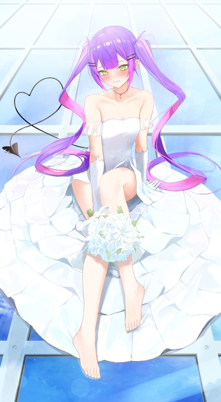 1girl absurdres breasts bride demon_girl demon_tail dress ear_piercing flower gown green_eyes highres hololive long_hair multicolored_hair piercing pink_hair purple_hair streaked_hair tail tail_ornament tail_piercing toi1et_paper tokoyami_towa twintails virtual_youtuber white_dress