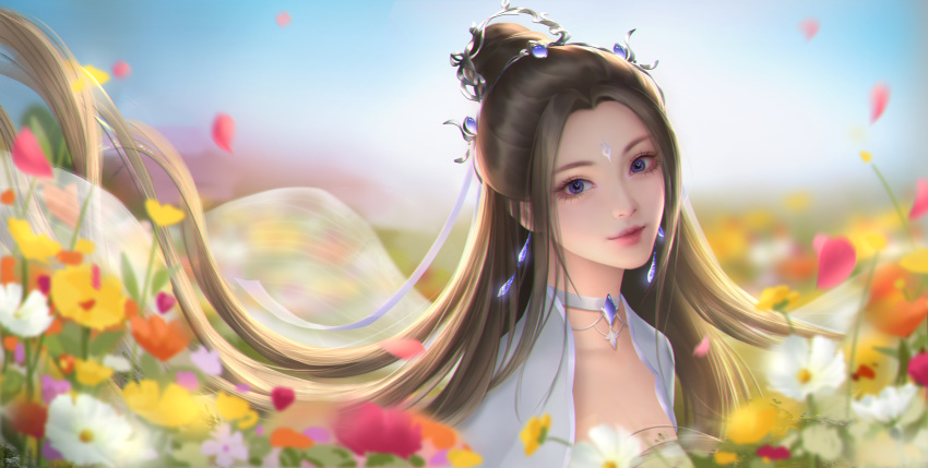 1girl absurdres blue_sky blurry blurry_background brown_hair earrings facial_mark field flower flower_field forehead_mark hair_bun hair_ornament highres jewelry long_hair lu_xueqi_(zhu_xian) manhuang_xing_zhuye petals sky smile upper_body zhu_xian