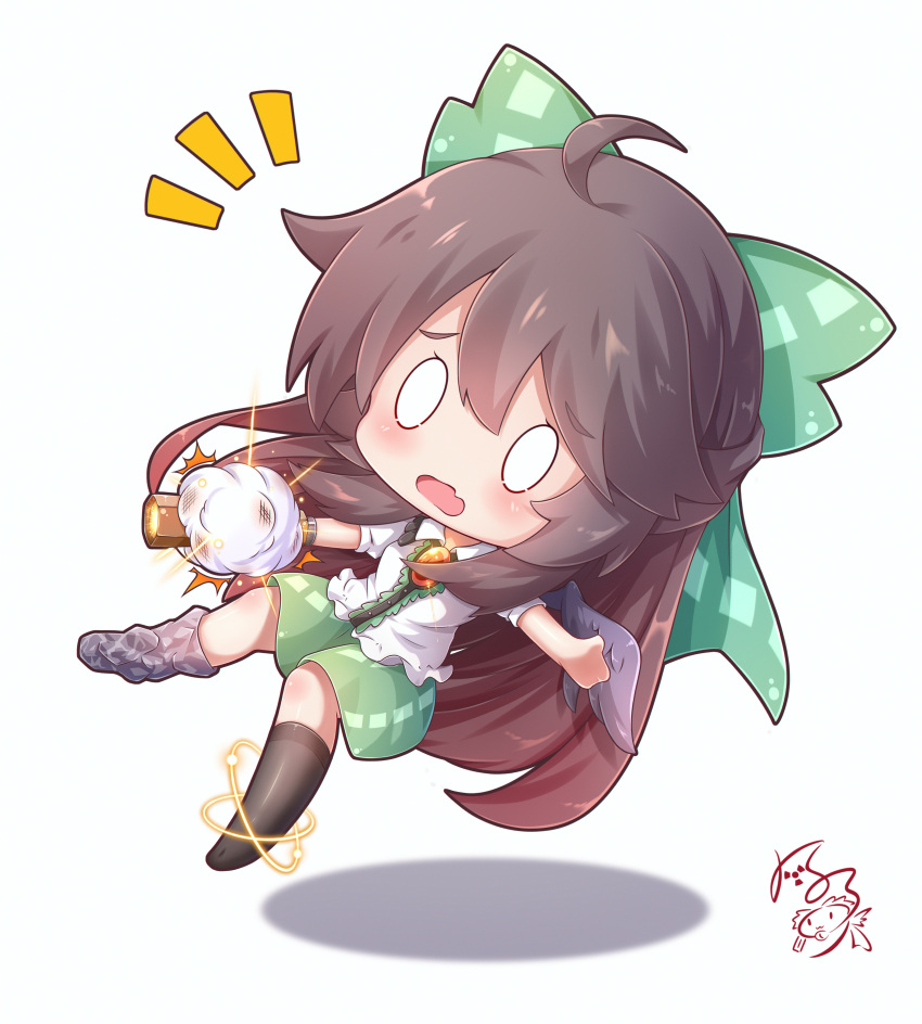 0_0 1girl absurdres ahoge arm_cannon asymmetrical_footwear asymmetrical_legwear atom bangs bird_wings black_hair black_legwear blank_eyes blouse blush bow broken broken_weapon brown_hair chibi explosion failure falling fang feng_ling_(fenglingwulukong) full_body furrowed_brow green_bow green_skirt hair_between_eyes hair_bow highres long_hair miniskirt mismatched_footwear mismatched_legwear notice_lines open_mouth outstretched_arm parted_bangs puffy_short_sleeves puffy_sleeves reiuji_utsuho shadow shirt short_sleeves signature simple_background single_thighhigh skin_fang skirt solid_oval_eyes solo standing thigh-highs third_eye touhou very_long_hair weapon white_background white_shirt wings