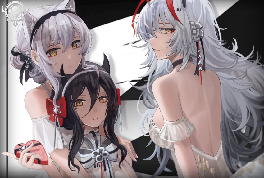 3girls alternate_hair_length alternate_hairstyle animal_ears arknights backless_dress backless_outfit bangs bare_back bare_shoulders black_choker black_hair character_request check_character choker dress hair_between_eyes highres holding ines_(arknights) looking_at_viewer minos_logo multiple_girls off-shoulder_dress off_shoulder parted_lips profile schwarz_(arknights) short_hair short_sleeves strapless strapless_dress w_(arknights) wejil white_dress white_hair yellow_eyes
