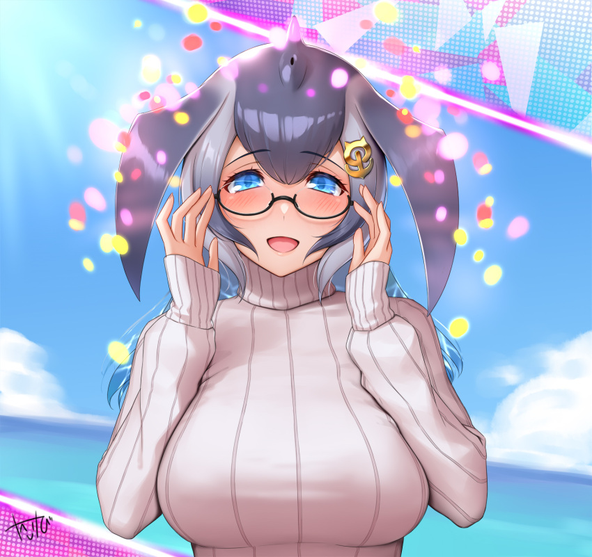 1girl anchor_hair_ornament blowhole blue_eyes blue_hair blue_whale_(kemono_friends) blush commentary dorsal_fin eyebrows_visible_through_hair glasses grey_hair hair_ornament hands_on_eyewear highres kemono_friends lips long_hair long_sleeves looking_at_viewer multicolored_hair ocean open_mouth smile solo sparkle sweater takebi turtleneck turtleneck_sweater upper_body white_sweater