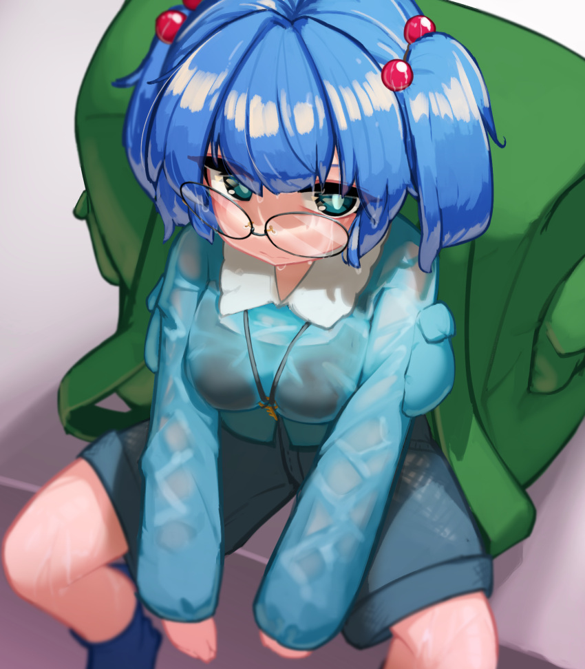 1girl bespectacled blue_hair blush breasts eyebrows_visible_through_hair from_above glasses green_headwear hair_bobbles hair_ornament hat highres kawashiro_nitori key long_sleeves looking_at_viewer shirt short_hair sitting skirt skirt_set solo touhou two_side_up wet zakozako_y