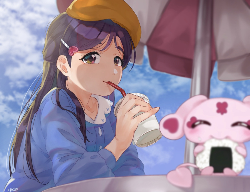 1girl artist_name beret blue_dress brown_eyes casual clouds commentary_request dress drinking drinking_straw eating eyelashes food futari_wa_precure hair_ornament hairclip happy hat kino-maru_inu long_hair looking_at_viewer mipple onigiri parasol precure purple_hair signature sky slurping smile soda solo umbrella yukishiro_honoka