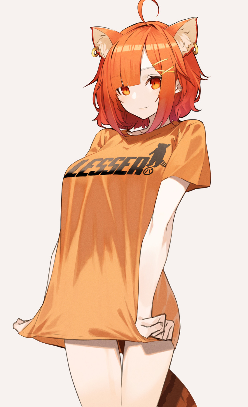 1girl ahoge animal_ear_fluff animal_ears bangs bottomless breasts clothes_writing earrings hair_ornament highres jewelry large_breasts looking_at_viewer nijisanji orange_shirt ratna_petit red_eyes red_panda_ears redhead senmu_(senmudayo) shirt shirt_tug short_hair short_sleeves simple_background solo t-shirt thigh_gap virtual_youtuber white_background x_hair_ornament