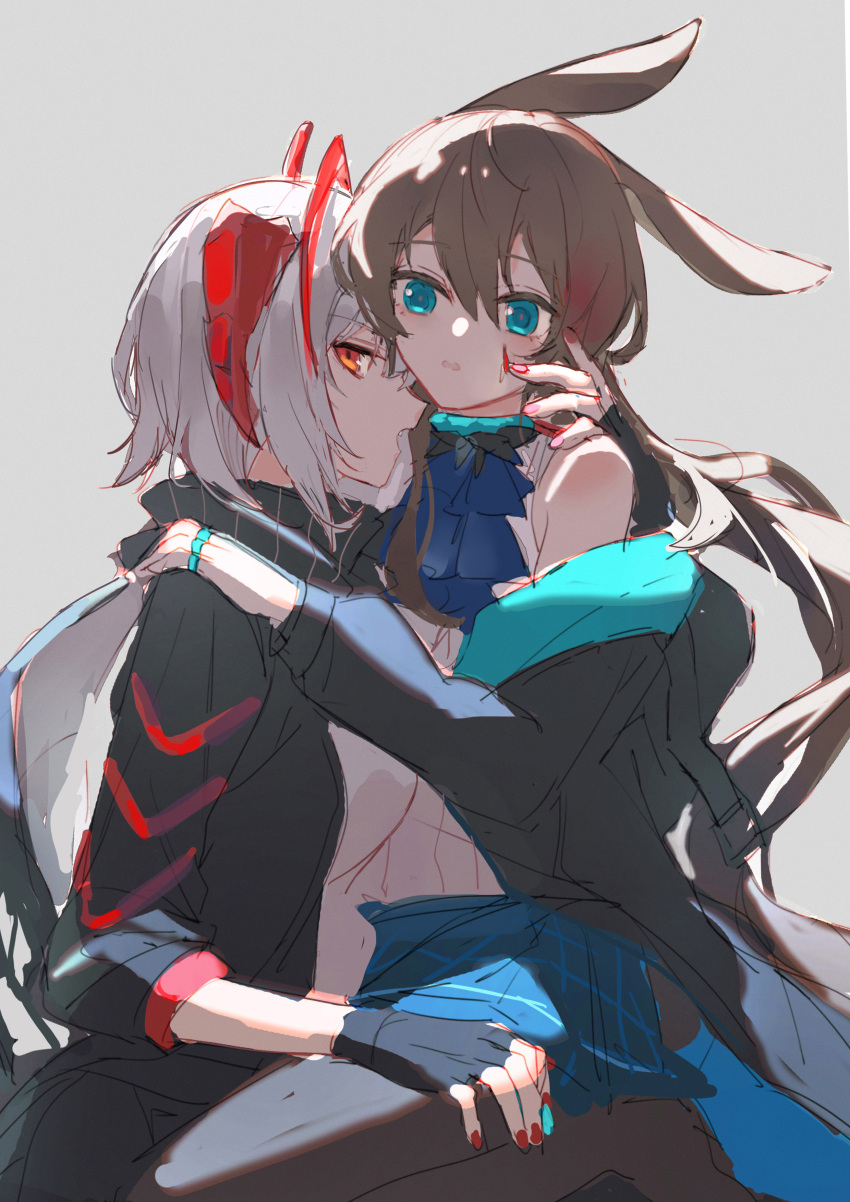 2girls absurdres amiya_(arknights) animal_ears antennae arknights ascot black_gloves black_jacket blue_ascot blue_collar blue_eyes blue_skirt blush brown_hair collar demon_horns fingerless_gloves gloves grey_background grey_hair grey_shirt hair_between_eyes hand_on_another's_shoulder highres horns jacket jewelry long_hair long_sleeves luren_max multiple_girls multiple_rings off_shoulder open_clothes open_jacket orange_eyes parted_lips plaid plaid_skirt rabbit_ears red_nails ring shirt short_hair simple_background sitting sitting_on_person skirt sleeveless sleeveless_shirt sleeves_past_elbows thigh_strap w_(arknights) white_shirt yuri