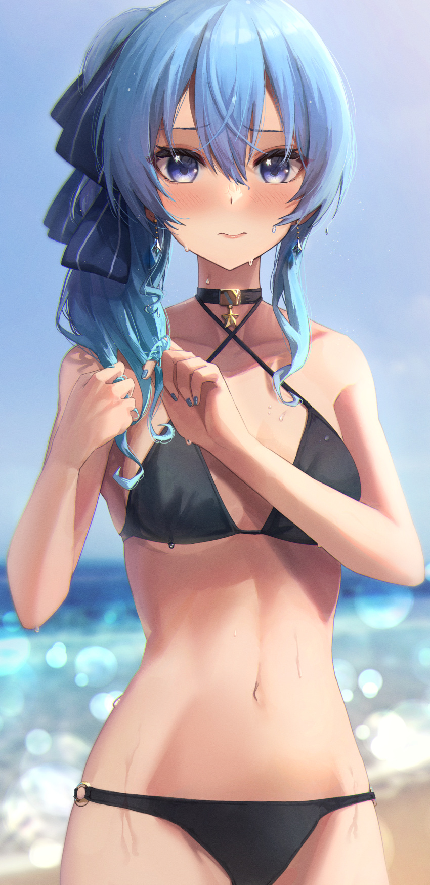 1girl absurdres anemone_noa bangs beach bikini black_bikini blue_eyes blue_hair blue_nails blush bow breasts choker closed_mouth collar collarbone day earrings embarrassed eyebrows_visible_through_hair fingernails hair_between_eyes hair_bow hair_over_eyes hair_ribbon hair_twirling hands_in_hair highres hololive hoshimachi_suisei jewelry lens_flare light_particles long_hair looking_at_viewer nail_polish navel o-ring o-ring_bikini ocean outdoors reflection reflective_water ribbon side_ponytail sky small_breasts solo star_(symbol) star_choker sunlight swimsuit virtual_youtuber wet wet_clothes wet_hair wet_swimsuit