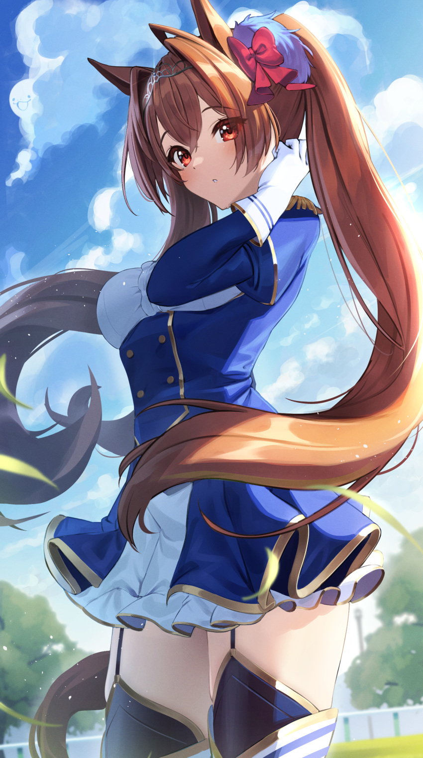 1girl :o absurdres animal_ears blue_sky bow breasts brown_hair clouds daiwa_scarlet_(umamusume) day epaulettes eyebrows_visible_through_hair garter_straps gloves grass hair_between_eyes hair_bow highres horse_ears horse_girl horse_tail long_hair looking_at_viewer medium_breasts outdoors red_bow red_eyes sky solo standing tail takom thighs tiara twintails umamusume white_gloves wind