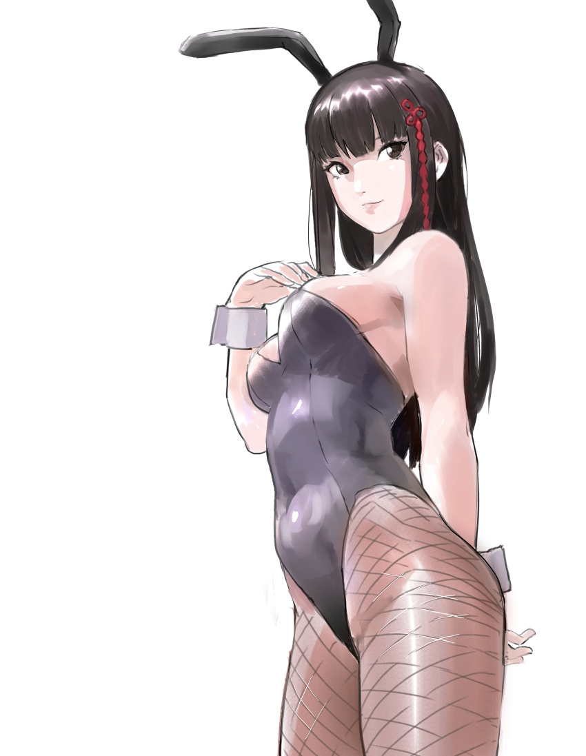 1girl absurdres alternate_costume arm_behind_back bangs black_eyes black_hair black_leotard breasts closed_mouth fishnet_legwear fishnets hair_ribbon hand_on_own_chest highres leotard letro long_hair medium_breasts pantyhose persona persona_5 playboy_bunny red_ribbon ribbon simple_background solo tougou_hifumi white_background wrist_cuffs