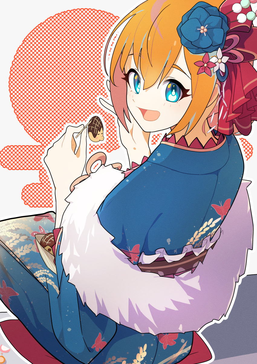 1girl absurdres bangs blue_eyes blue_kimono commission cushion feather_boa flower food hair_flower hair_ornament hands_up highres japanese_clothes kimono long_hair long_sleeves looking_at_viewer looking_back obi official_alternate_costume open_mouth orange_hair pecorine_(princess_connect!) princess_connect! sash sitting skeb_commission smile solo takoyaki tissuebox_(artist) toothpick yukata