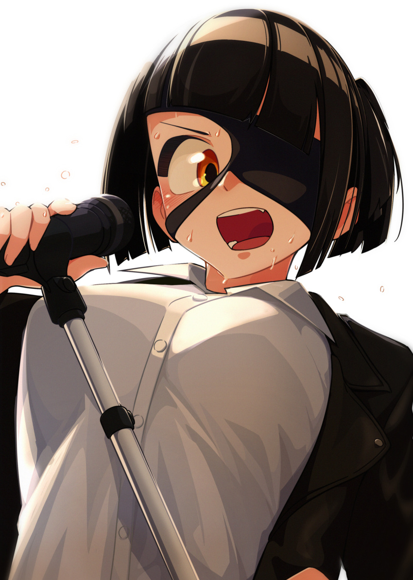 absurdres bangs black_jacket blunt_bangs blunt_ends bob_cut breasts buttons collared_shirt diagonal_bangs eyepatch highres holding holding_microphone holding_microphone_stand jacket komi-san_wa_komyushou_desu lecca_aisu looking_at_viewer looking_down medium_breasts microphone microphone_stand music nakanaka_omoharu open_mouth orange_eyes shirt short_hair simple_background singing sweat white_background white_shirt