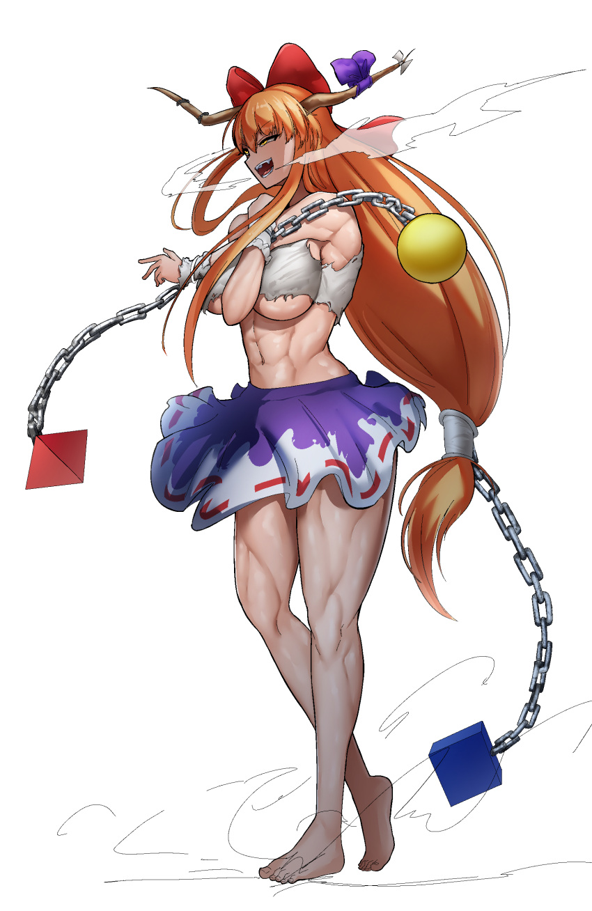 1girl abs absurdres bangs bare_shoulders barefoot bow breasts chain crop_top crossed_arms cuffs eyebrows_visible_through_hair fangs feet frayed_clothes full_body hair_between_eyes hair_ribbon highres horn_bow horn_ornament horns ibuki_suika large_breasts long_hair low-tied_long_hair muscular muscular_female navel open_mouth orange_hair purple_skirt red_ribbon ribbon ribbon-trimmed_skirt ribbon_trim shackles shirt sidelocks simple_background sirosoil skirt solo standing thighs toes touhou under_boob very_long_hair walking white_background white_shirt wrist_cuffs yellow_eyes