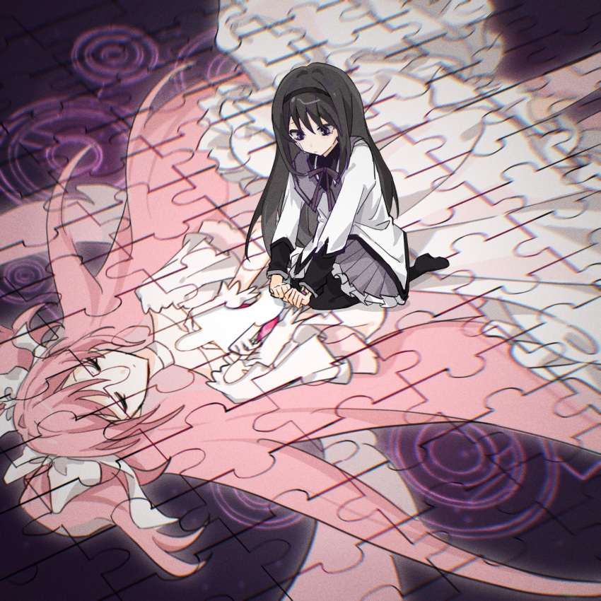 1girl akemi_homura bangs black_hair black_hairband black_legwear chinese_commentary commentary_request feiwusheng from_above full_body goddess_madoka hairband highres long_hair mahou_shoujo_madoka_magica mixed-language_commentary neck_ribbon pantyhose purple_skirt puzzle puzzle_piece ribbon school_uniform sitting skirt solo tears violet_eyes wariza