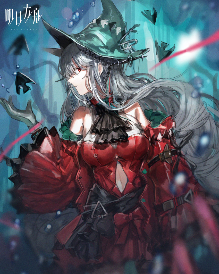 1girl 5cm_housamo aqua_gloves aqua_headwear arknights ascot bare_shoulders black_ascot breasts clothing_cutout copyright_name detached_sleeves dress fish gloves grey_hair hat hat_ornament headgear highres long_hair looking_at_viewer medium_breasts navel navel_cutout official_alternate_costume red_dress red_eyes red_sleeves sideways_glance skadi_(arknights) skadi_the_corrupting_heart_(arknights) solo underwater very_long_hair