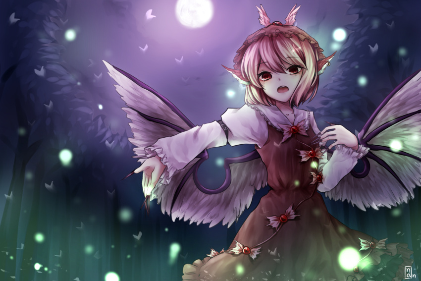 1girl animal_ears bird_ears bird_wings brown_dress brown_headwear dress earrings eyebrows_visible_through_hair fingernails frilled_dress frilled_sleeves frills full_of_energy hair_between_eyes highres jewelry long_fingernails long_sleeves mystia_lorelei nail_polish open_mouth pink_eyes pink_hair purple_nails sharp_fingernails short_hair signature single_earring solo touhou white_wings winged_hat wings