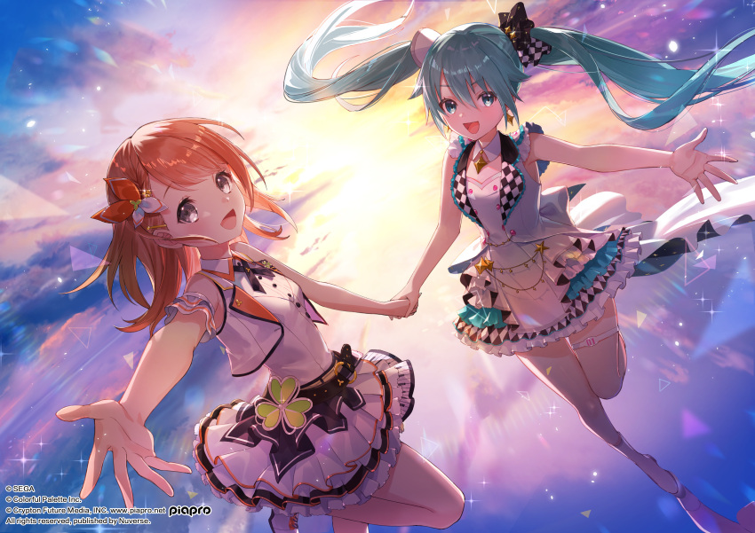 2girls :d absurdres bangs bare_shoulders blue_eyes blue_hair blue_sky blush boots brown_hair clouds cloudy_sky collared_shirt commentary_request dutch_angle eyebrows_visible_through_hair floating_hair frilled_skirt frills grey_eyes hair_between_eyes hanasato_minori hatsune_miku highres holding_hands long_hair multiple_girls nima_(niru54) official_art outdoors pleated_skirt project_sekai shirt skirt sky sleeveless sleeveless_shirt smile standing standing_on_one_leg sunrise tiptoes twintails very_long_hair vest vocaloid watermark white_footwear white_shirt white_skirt white_vest