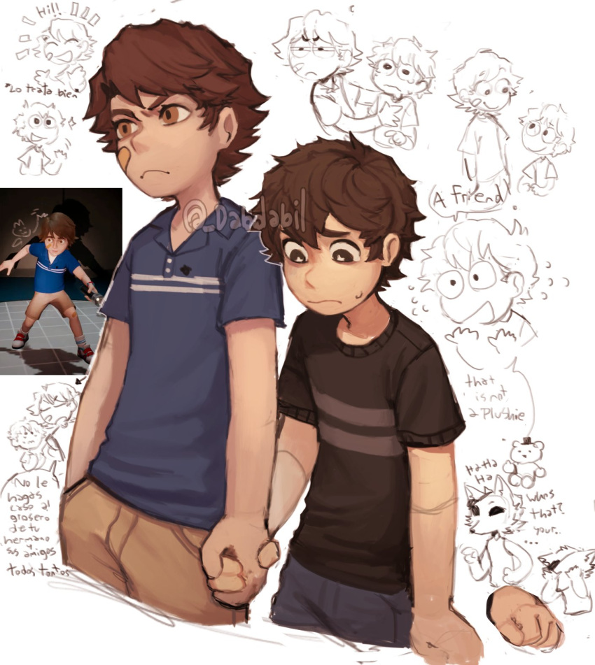 2boys bandaid bandaid_on_cheek bandaid_on_face blue_shirt blue_shorts brown_eyes brown_hair crying_child_(fnaf) dabi_bill five_nights_at_freddy's five_nights_at_freddy's:_security_breach five_nights_at_freddy's_4 gregory_(fnaf) highres multiple_boys shirt short_hair shorts striped striped_shirt time_paradox trait_connection