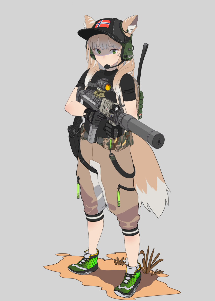 1girl absurdres ammunition_pouch animal_ears backpack bag fox_ears fox_tail green_eyes gun h&amp;k_mp7 handgun hat headset highres norwegian_flag optical_sight original pistol pouch shoes sneakers submachine_gun tac239 tactical_gloves tail tex_(3red_dot) weapon