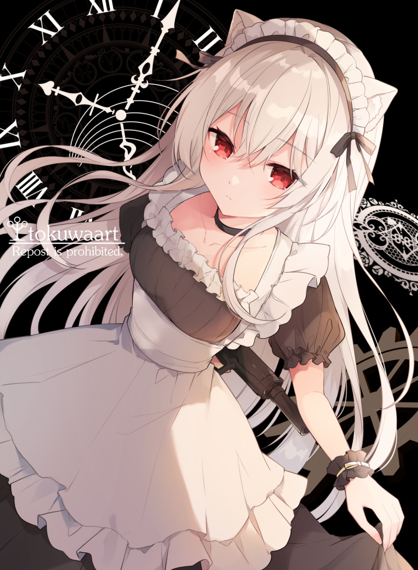 1girl animal_ear_fluff animal_ears apron arm_behind_back bangs black_choker black_dress cat_ears choker clock closed_mouth collarbone commentary_request commission dress english_text eyebrows_visible_through_hair frilled_apron frills fukunoki_tokuwa grey_hair gun hair_between_eyes highres holding holding_gun holding_weapon long_hair maid maid_headdress original puffy_short_sleeves puffy_sleeves red_eyes roman_numeral short_sleeves skeb_commission solo very_long_hair watermark weapon weapon_request white_apron wrist_cuffs