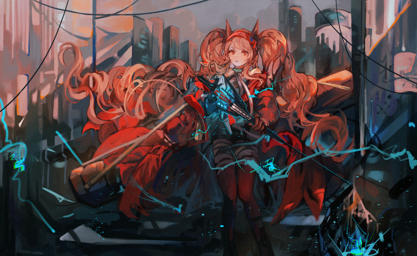 1girl angelina_(arknights) angelina_(distinguished_visitor)_(arknights) animal_ears arknights bangs bare_shoulders black_footwear black_legwear boots breasts brown_hair building city coat collar day electricity eyebrows_behind_hair feet_out_of_frame fox_ears hairband highres holding holding_staff infection_monitor_(arknights) knee_boots long_hair looking_at_viewer minini97372 official_alternate_costume open_clothes open_coat outdoors pantyhose parted_lips red_coat red_eyes red_hairband solo staff standing sunlight very_long_hair