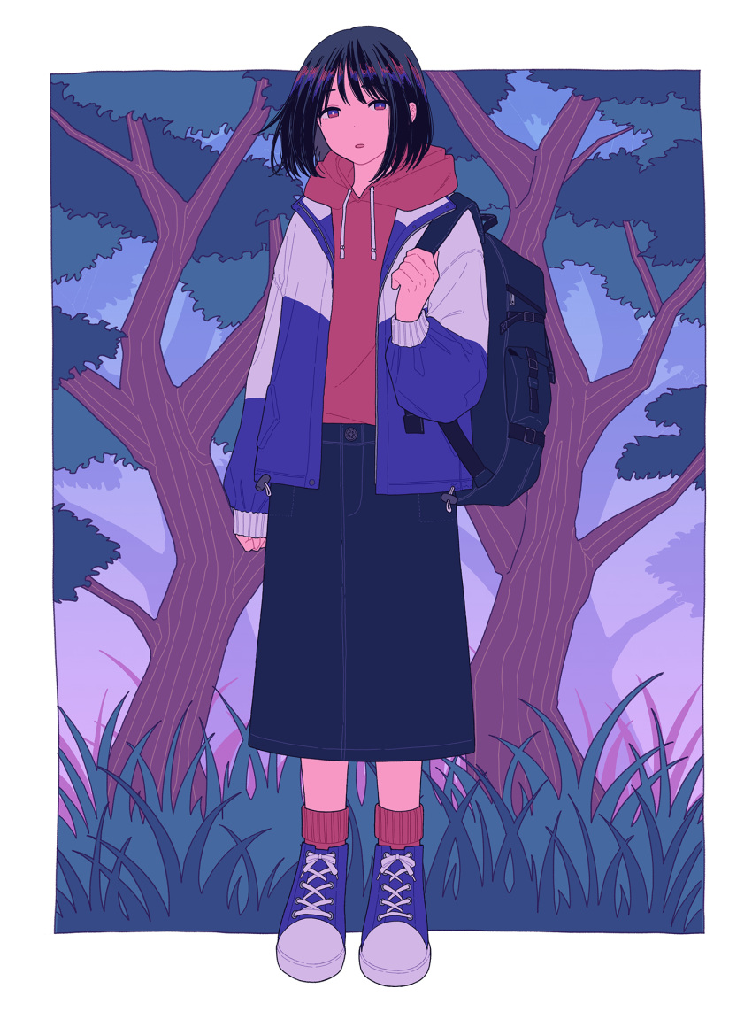 1girl backpack bag black_hair black_skirt blue_footwear blue_jacket border commentary_request converse drawstring grass highres hood hood_down hoodie jacket looking_at_viewer multicolored_clothes multicolored_jacket original outdoors outside_border parted_lips red_hoodie red_legwear shi_oo short_hair skirt socks solo tree two-tone_jacket violet_eyes white_border white_jacket