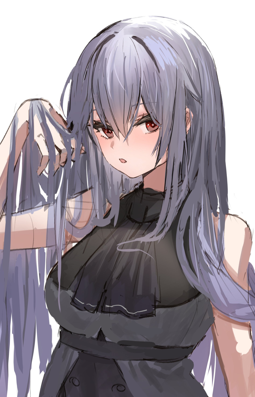 1girl absurdres arknights ascot bangs bare_shoulders black_ascot black_shirt breasts brown_eyes commentary_request grey_hair hair_between_eyes hand_up highres large_breasts long_hair looking_at_viewer no_hat no_headwear parted_lips raw_egg_lent shirt simple_background skadi_(arknights) solo upper_body very_long_hair white_background