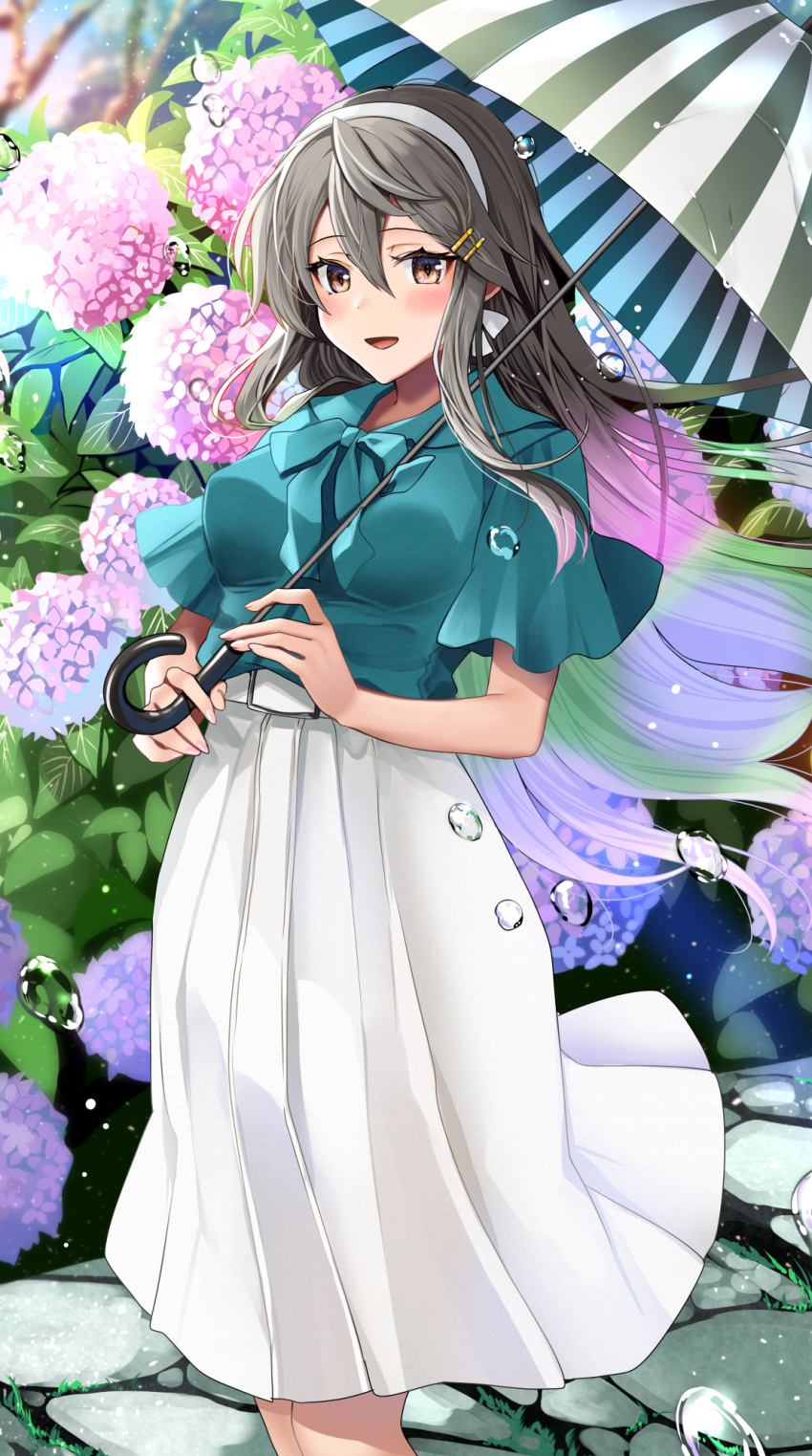 1girl aqua_shirt black_hair blush brown_eyes feet_out_of_frame flower hair_between_eyes hair_ornament hairband hairclip haruna_(kancolle) highres holding holding_umbrella hydrangea kantai_collection long_hair open_mouth pink_flower purple_flower shirt short_sleeves skirt smile solo umbrella white_hairband white_skirt yunamaro