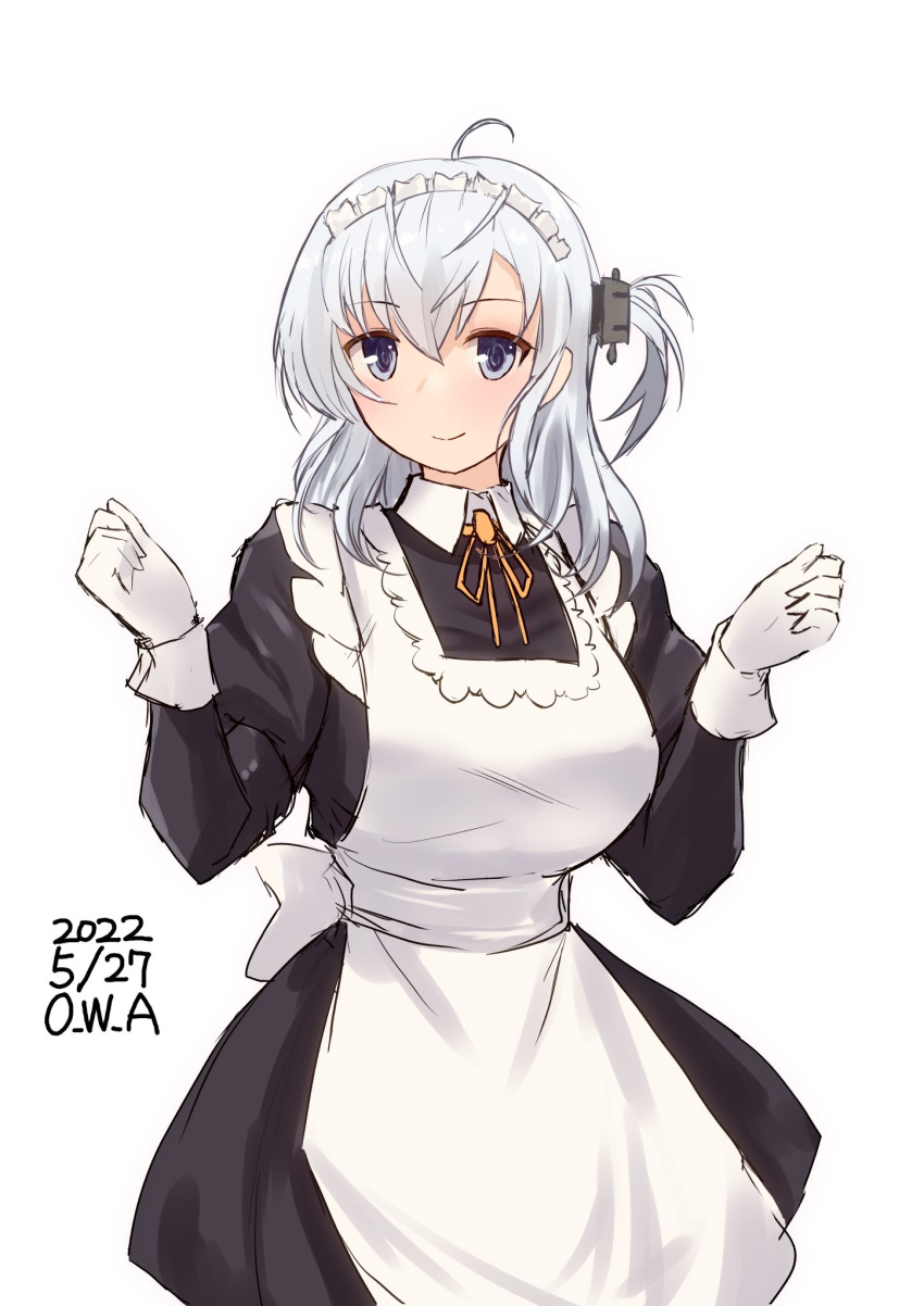 1girl alternate_costume apron artist_name black_dress cowboy_shot dated dress enmaided gloves grey_eyes highres kantai_collection long_hair looking_at_viewer maid maid_headdress one-hour_drawing_challenge one_side_up owa_(ishtail) simple_background solo suzutsuki_(kancolle) white_apron white_background white_gloves white_hair