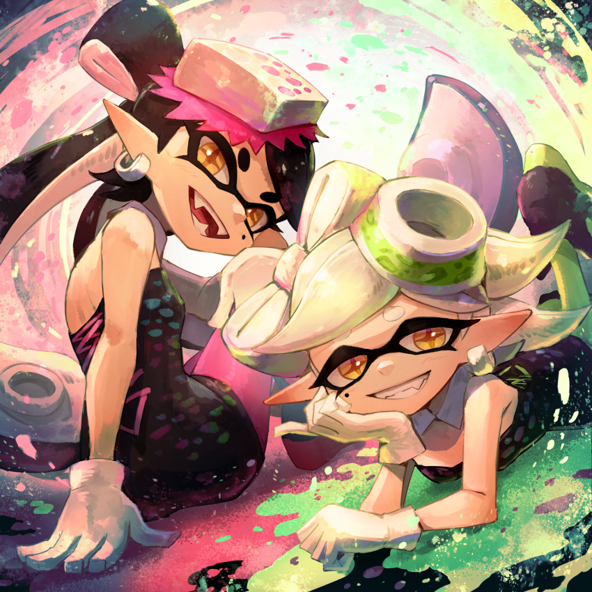 2girls bare_shoulders black_dress black_hair callie_(splatoon) clenched_teeth commentary_request domino_mask dress earrings fangs gloves highres jewelry kuroi_susumu looking_at_viewer lying marie_(splatoon) mask mole mole_under_eye multiple_girls on_stomach open_mouth pointy_ears sitting smile splatoon_(series) splatoon_1 teeth tentacle_hair twintails white_gloves white_hair yellow_eyes