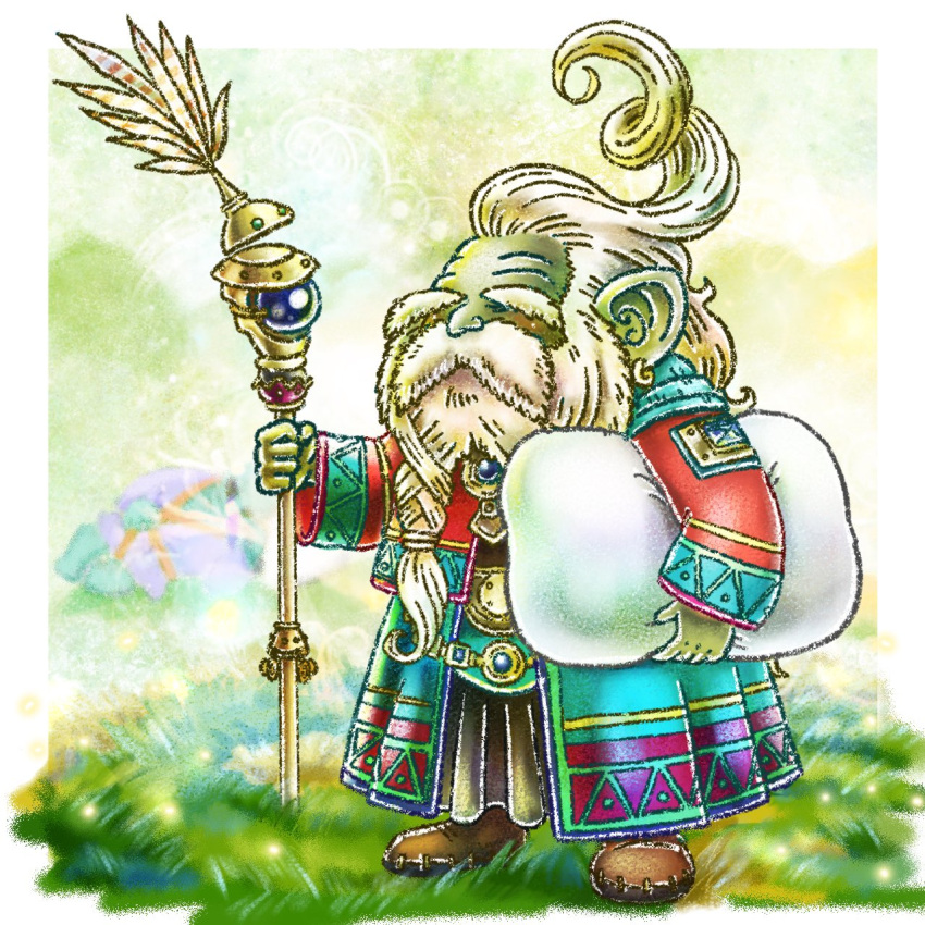 1boy beard black_robe blue_gemstone braid braided_beard brown_shoes chanmaru_8_time closed_eyes colored_skin commentary_request curly_hair dragon_quest dragon_quest_x earrings facial_hair floating_hair full_body gem gold_earrings grass green_jacket green_skin hair_slicked_back highres holding holding_pillow holding_staff hoop_earrings jacket jewelry kenja_buroggen large_ears long_beard multicolored_jacket old old_man pillow red_gemstone red_jacket robe shoes staff thick_eyebrows white_hair wrinkled_skin