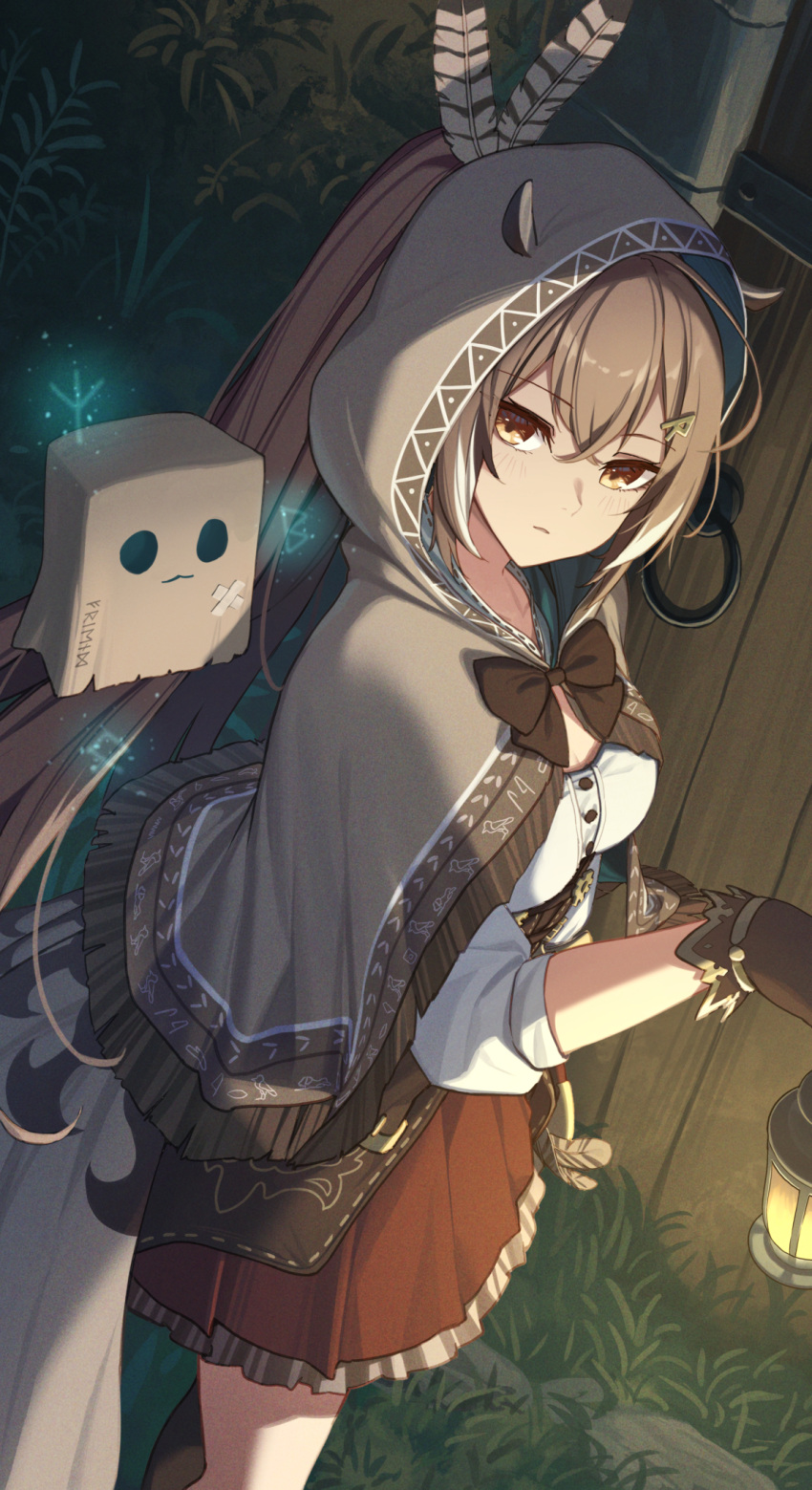 1girl ahoge bag brown_capelet brown_cloak brown_corset brown_eyes brown_hair cape capelet cloak corset dagger erezu feather_hair_ornament feathers fence friend_(nanashi_mumei) grass hair_ornament hairclip hieroglyphics highres hololive hololive_english hood hood_up knife lantern long_hair looking_at_viewer multicolored_eyes multicolored_hair nanashi_mumei night paper_bag ponytail red_skirt ribbon rock runes shirt skirt stone streaked_hair very_long_hair virtual_youtuber weapon white_shirt wooden_fence yellow_eyes