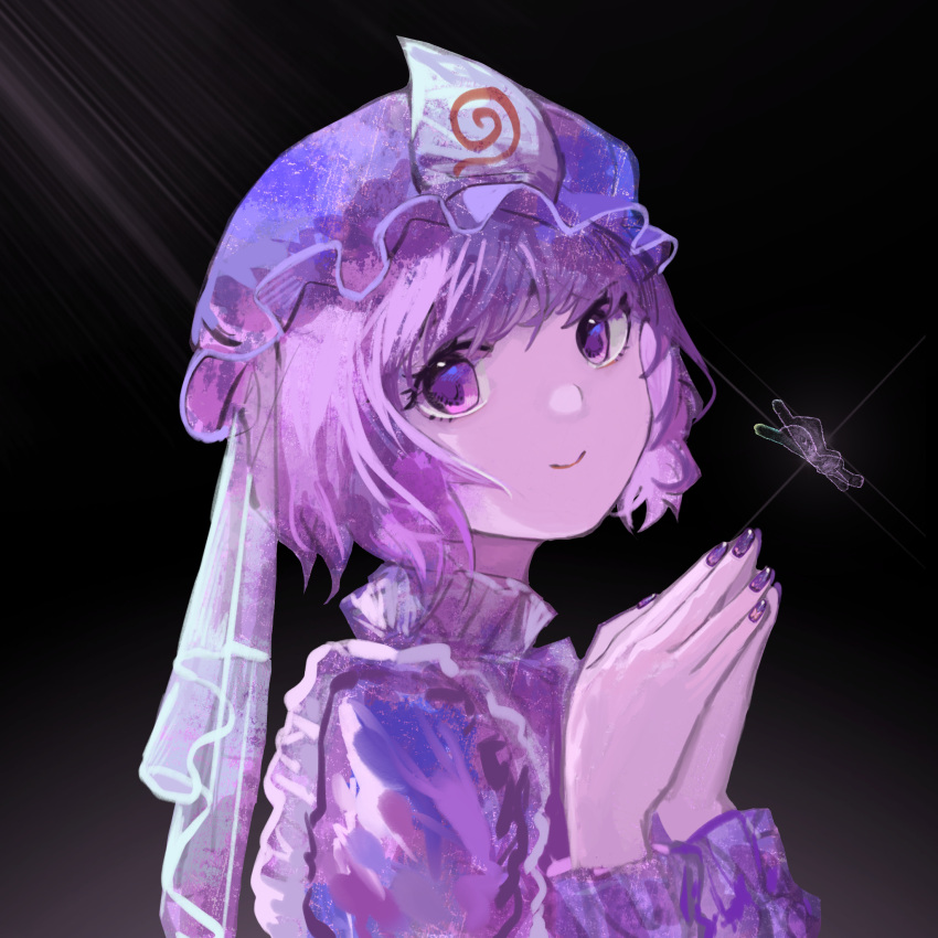 1girl black_background closed_mouth diffraction_spikes eyebrows_behind_hair face frills glint hat highres long_sleeves looking_at_viewer mob_cap nail_polish own_hands_together purple_hair saigyouji_yuyuko short_hair sly930105 smile solo touhou triangular_headpiece upper_body violet_eyes