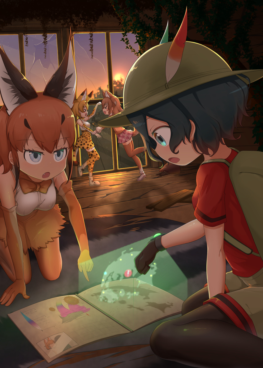 &gt;_&lt; 4girls absurdres animal_ears backpack bag black_gloves black_hair black_legwear blue_eyes blurry blurry_background bow bowtie brown_bow brown_bowtie brown_gloves brown_hair brown_legwear brown_skirt caracal_(kemono_friends) chis_(js60216) closed_eyes depth_of_field elbow_gloves fang feather_hair_ornament feathers gloves grey_headwear grey_shorts hair_ornament helmet high-waist_skirt highres hologram indoors japanese_wolf_(kemono_friends) kaban_(kemono_friends) kemono_friends kneeling leaning_forward map miniskirt multiple_girls open_mouth pantyhose paw_pose pith_helmet pleated_skirt pointing print_legwear print_skirt red_shirt ruins serval_(kemono_friends) serval_print shirt short_sleeves shorts sitting skirt sleeveless sleeveless_shirt standing standing_on_one_leg sunset t-shirt tail thigh-highs wariza white_shirt