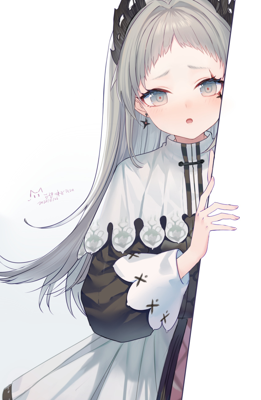1girl :o absurdres arknights black_jacket blush capelet cowboy_shot dated earrings forehead grey_eyes grey_hair head_wings highres irene_(arknights) jacket jewelry long_hair long_sleeves ookamisama open_mouth peeking_out puffy_long_sleeves puffy_sleeves signature simple_background skirt solo white_background white_capelet white_skirt
