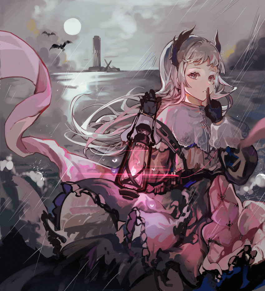 1girl absurdres arknights black_gloves black_jacket brown_eyes capelet clouds cloudy_sky cowboy_shot finger_to_mouth gloves grey_hair head_wings high-waist_skirt highres holding holding_lantern index_finger_raised irene_(arknights) jacket lantern lens_flare lighthouse long_hair long_sleeves looking_at_viewer minini97372 ocean parted_lips puffy_long_sleeves puffy_sleeves purple_skirt rain shushing skirt sky smile solo sun water white_capelet