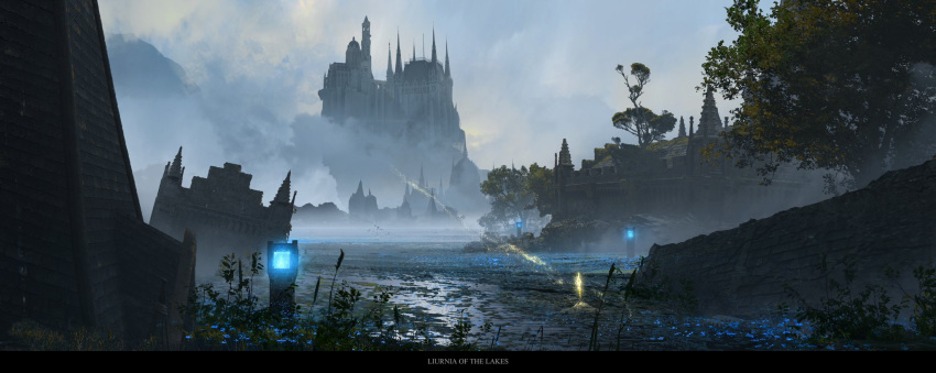 castle cliff clouds cloudy_sky elden_ring english_commentary flower fog highres moss no_humans outdoors raya_lucaria_academy ruins scenery shallow_water site_of_grace sky spire stone_lantern tower tree water ya_yan